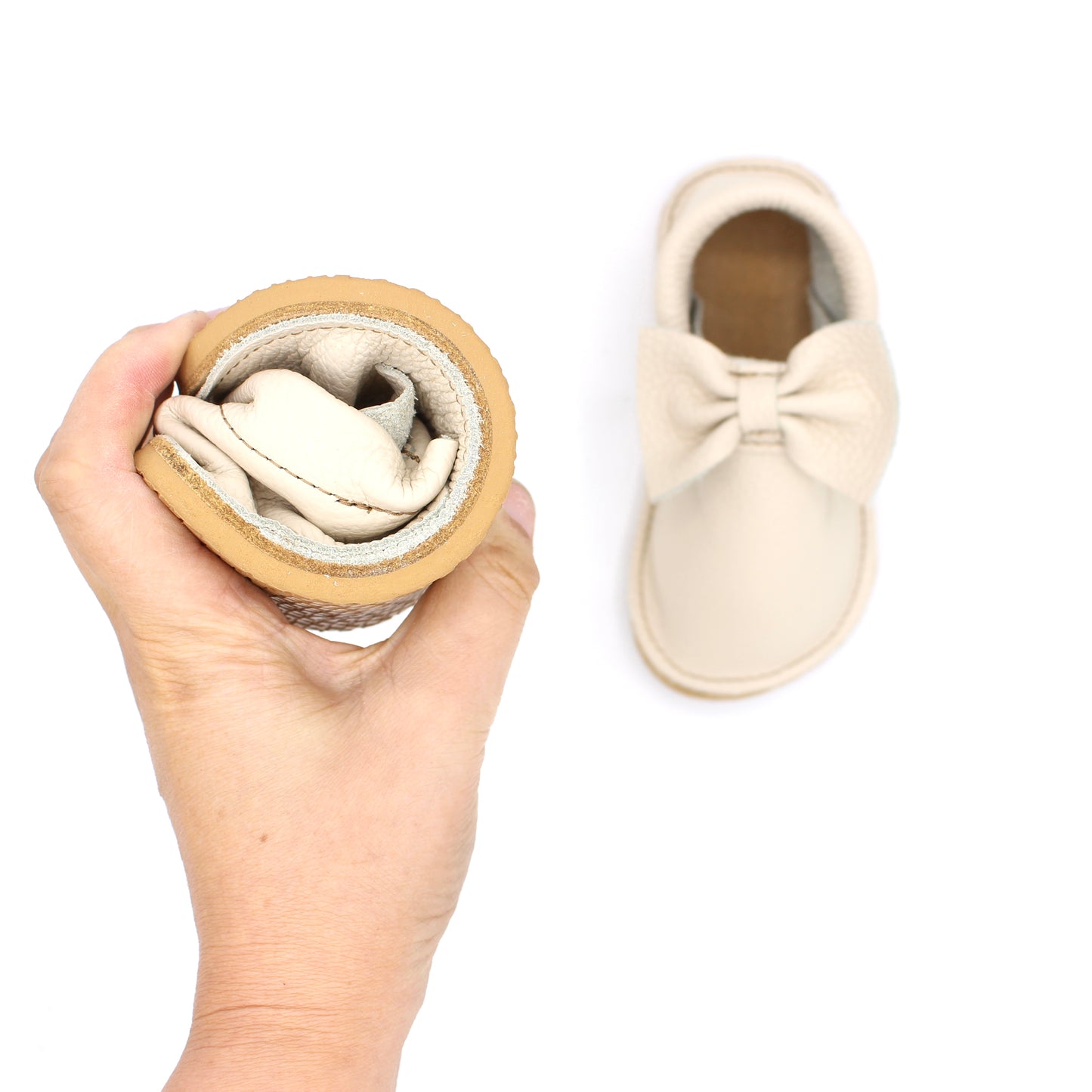 TODDLER Bow Mocs - Coconut - 6mm Beige Hybrid Soles