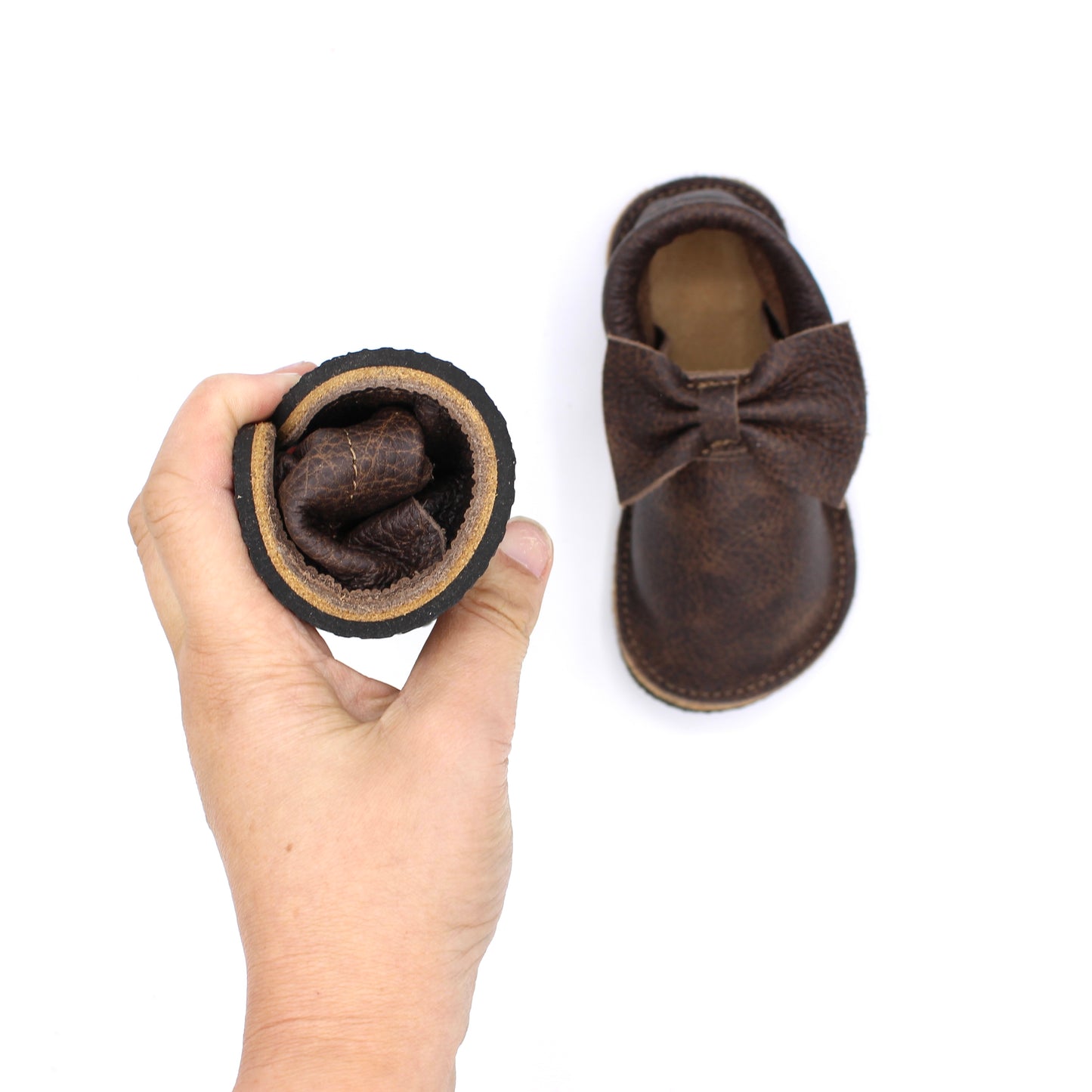 TODDLER Bow Mocs - Whiskey - 4mm Black Hybrid Soles
