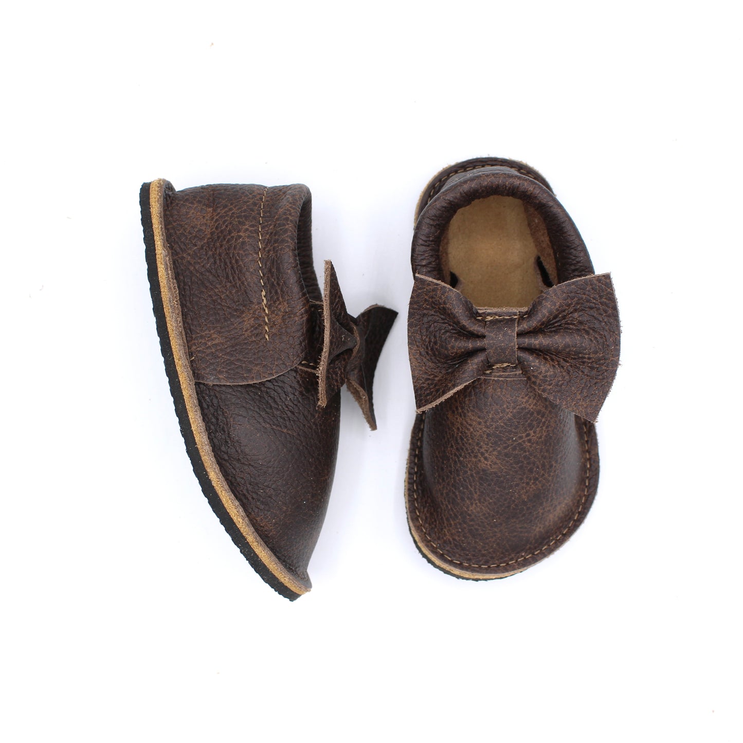 TODDLER Bow Mocs - Whiskey - 4mm Black Hybrid Soles