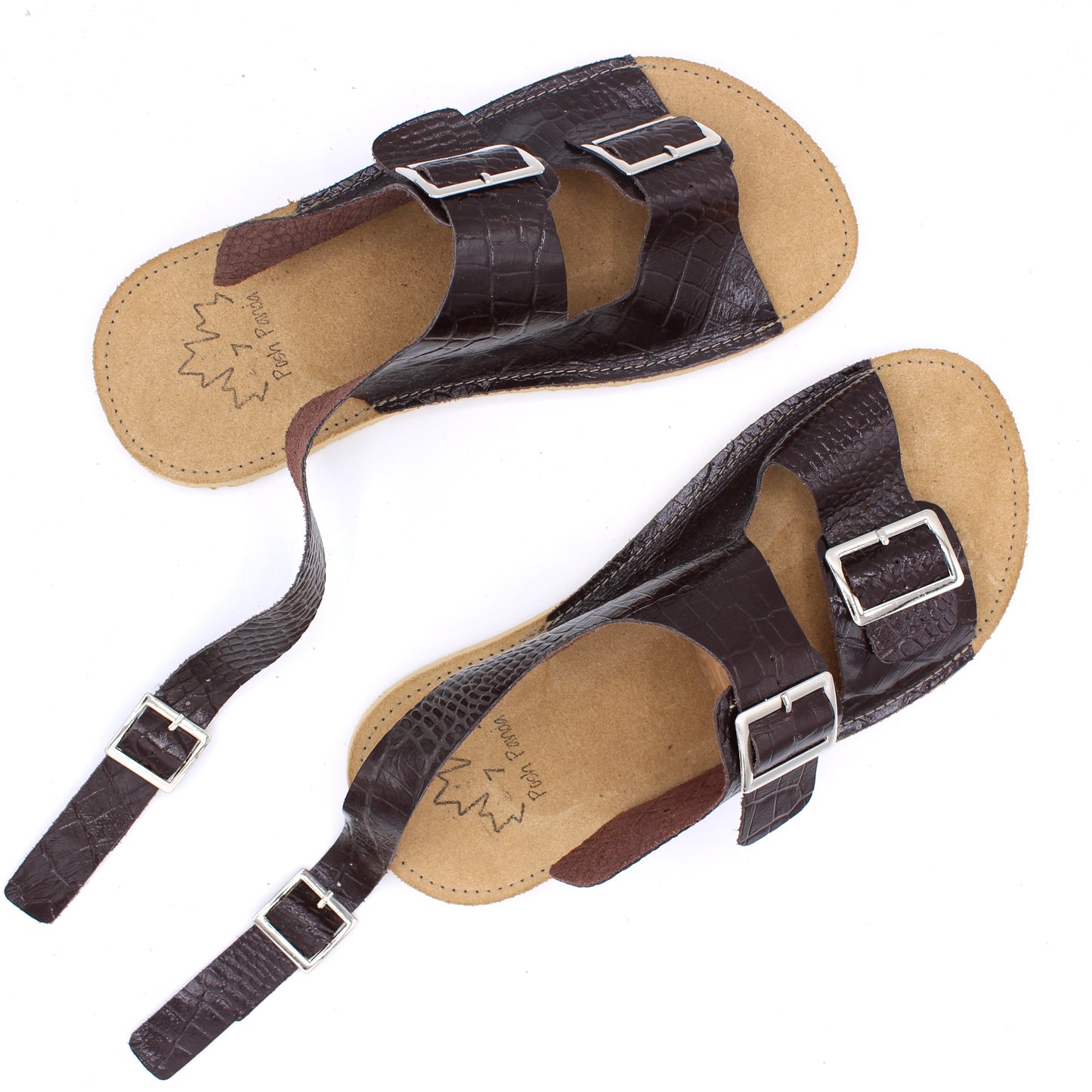 Ladies Buckle Sandals - BROWN CROC -Silver Buckles - Beige RUGGED Soles - Snaps
