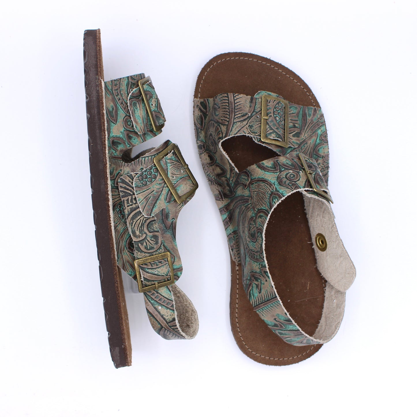 Ladies Buckle Sandals with Snaps - Tooled Teal - - Chocolate midsoles - Dark Brown Rugged Soles