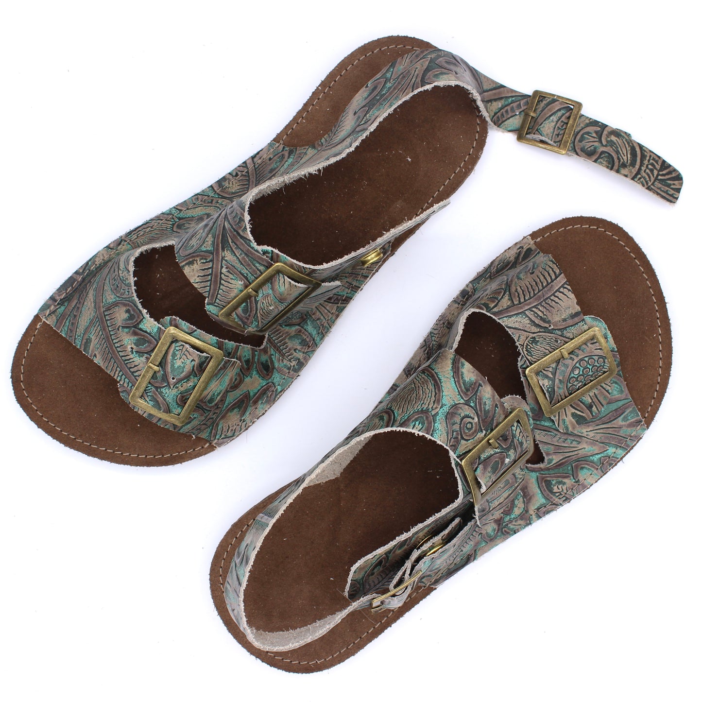 Ladies Buckle Sandals with Snaps - Tooled Teal - - Chocolate midsoles - Dark Brown Rugged Soles