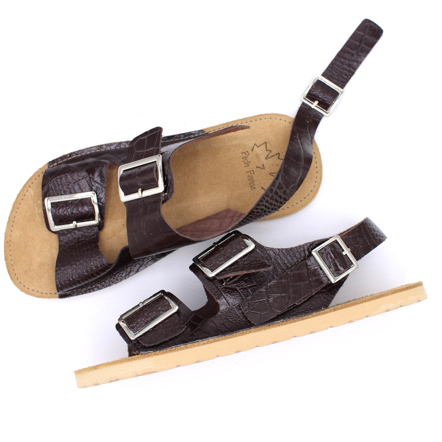 Ladies Buckle Sandals - BROWN CROC -Silver Buckles - Beige RUGGED Soles - Snaps