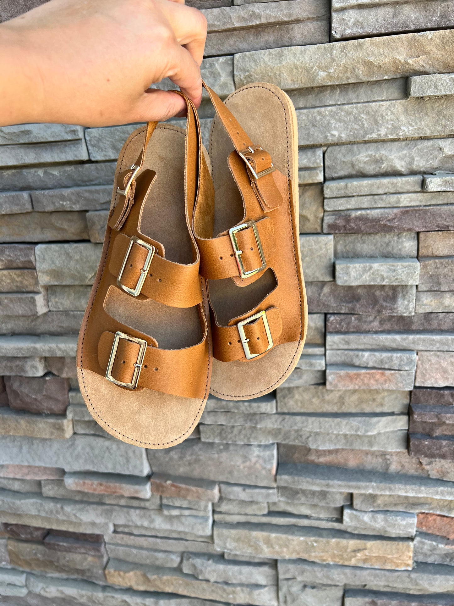 Ladies Buckle Sandals -GOLDEN HOUR - -Gold Buckles - 8mm Beige Hybrid Soles - Snaps